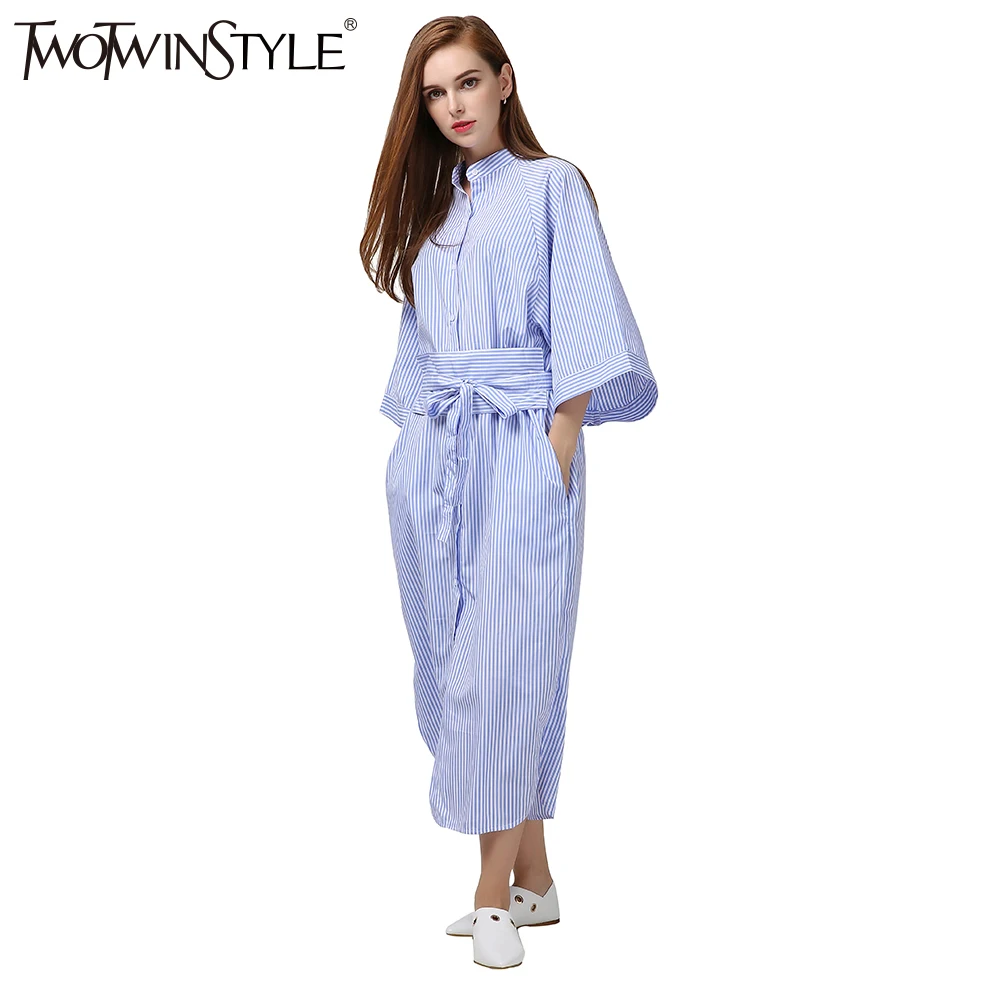 

[TWOTWINSTYLE] 2019 Summer Kimono Belt Lace Up Long Tunic Dress Female Shirt for Women New Fashion Large Big Plus Size