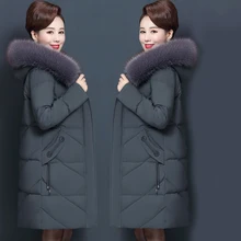 Зимняя мода среднего возраста женщин толстый теплый с капюшоном вниз хлопок пальто куртка длинный участок большой меховой воротник хлопковая куртка(XL-7XL