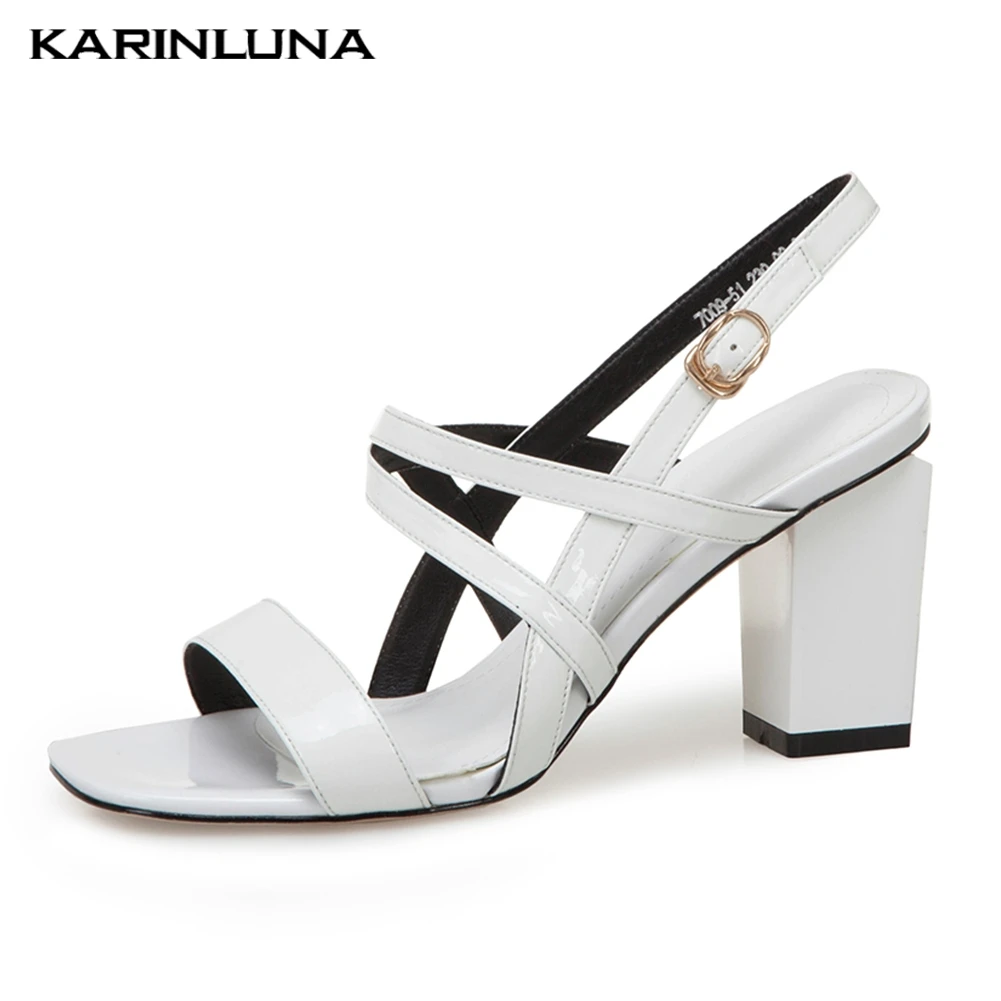 

high quality genuine patent leather chunky high heels black white shoes woman sandals office lady party sandals woman shoes