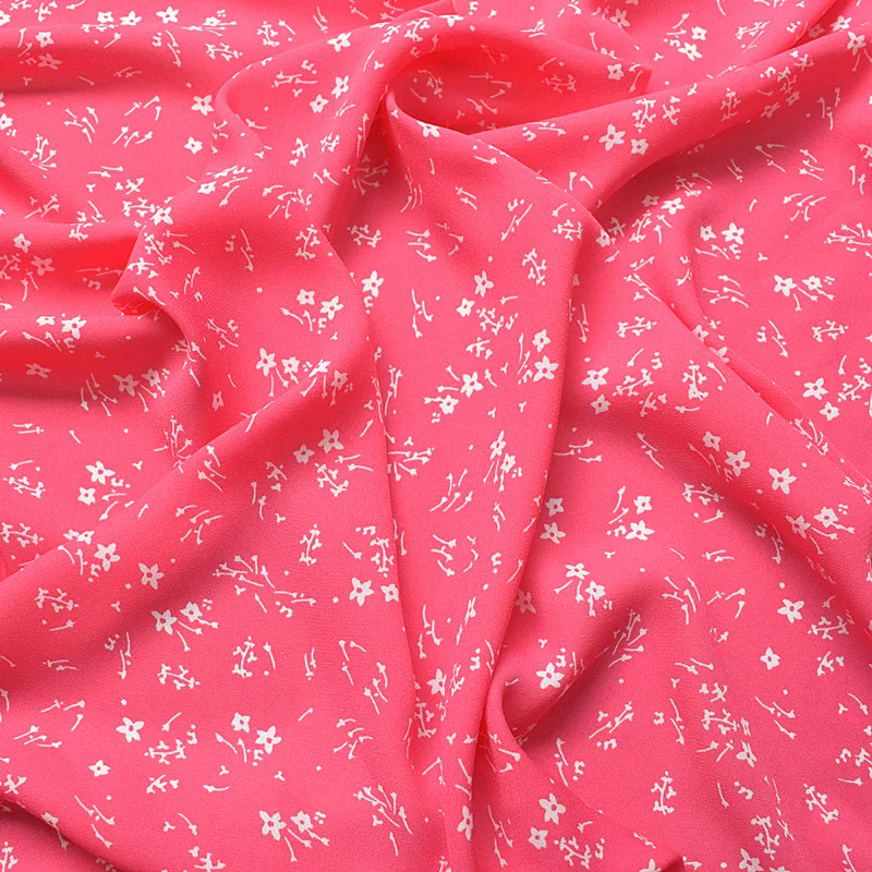 

2019 new thickened ramie chiffon fabric spring/summer printed fabric rose pink small white flower opaque