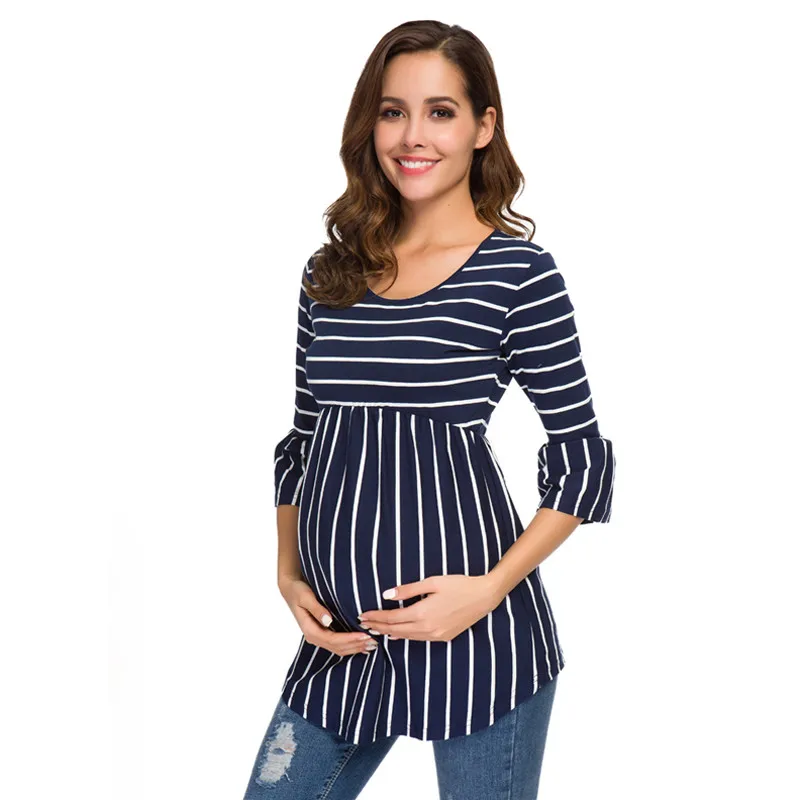 Топы с оборками для беременных Свободная блузка полосатая футболка Туника 3
