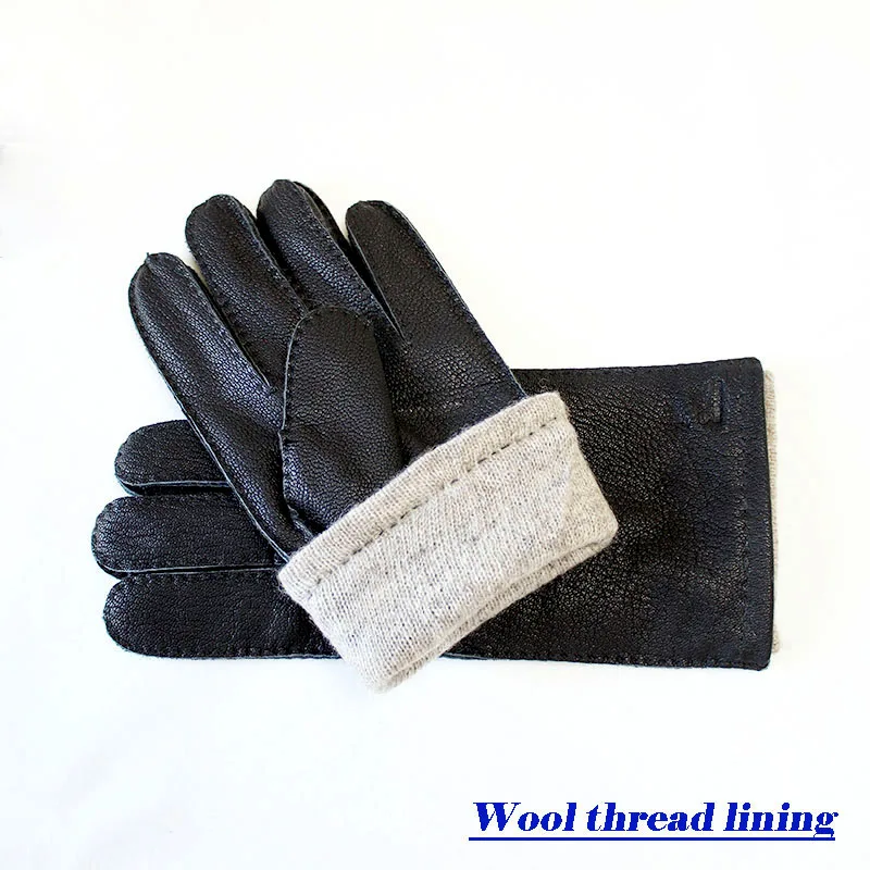 Leather Deerskin Gloves Men's Retro Style Hand-stitched Straight Brown Wool Lining Autumn Warm Finger Gloves