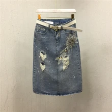 И стильная посылка, джинсовые юбки для ягодиц, эластичная талия, ковбойские джинсовые юбки с вышивкой для женщин