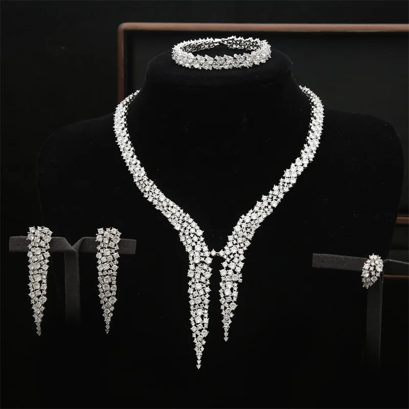

AAA CZ Crystal Dubai Wedding Jewelry Sets Big Statement Heavy Necklace Choker Full Stone Bracelets With Earrings Adjustable Ring