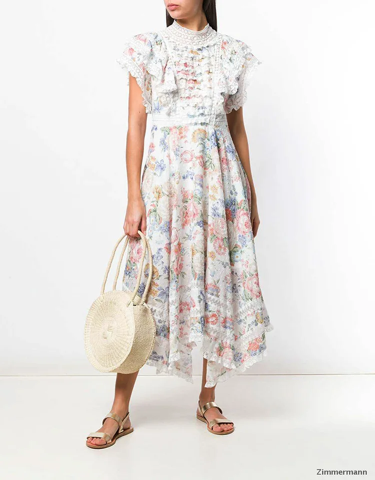 

women lace patchwork print dress 2019 summer new printing lace stitching irregular dress holiday fairy dress