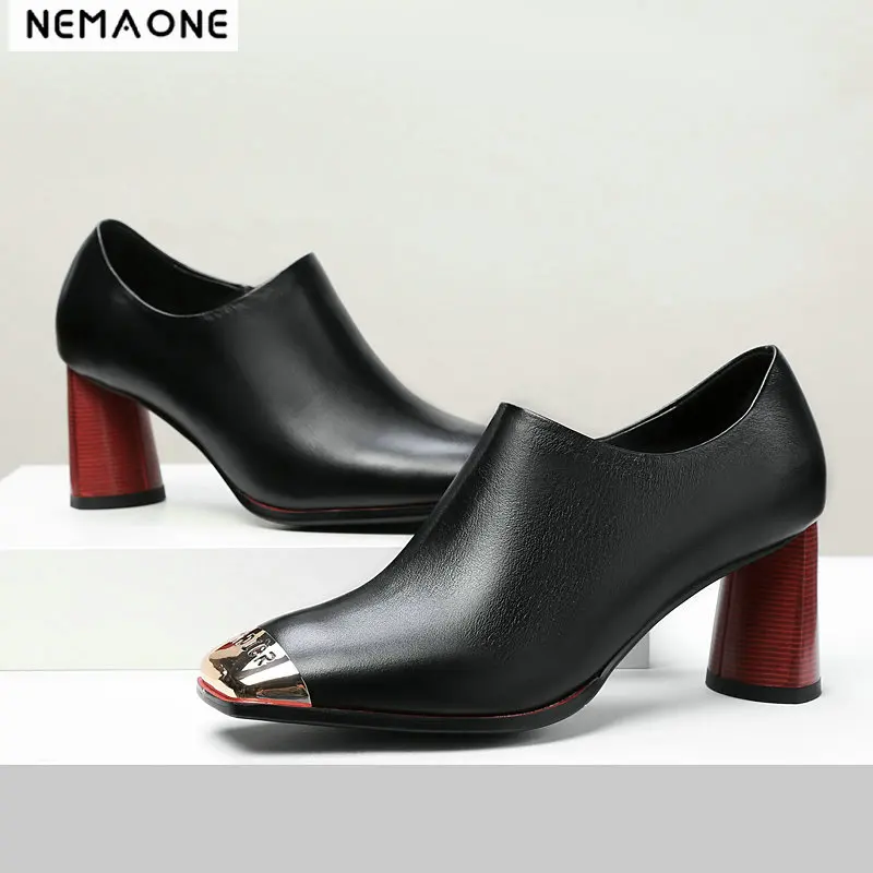 

NEMAONE Genuine leather high heels sheos woman ankle boots metal toe Woman Boots ladies dress parety Shoes large size 34-43