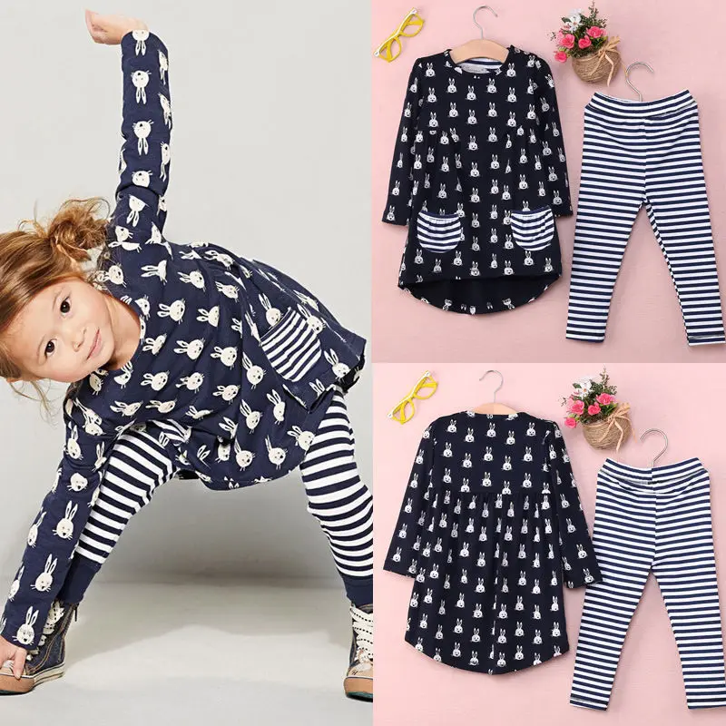 

NEW Toddler Kids Baby Girls long Sleeve Shirt+Stripe Pant 2Pcs Set Clothes Outfits HOT Sales