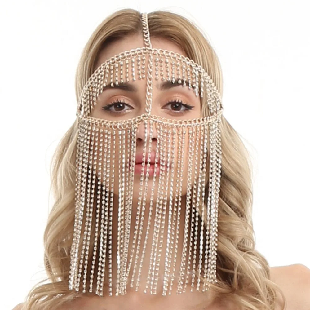 

Sexy Harness Chain Face Mask Metal Rhinestone Face Veil Chains Necklaces Full Face Mask Indian bridal Crystal Head Jewelry WOMEN