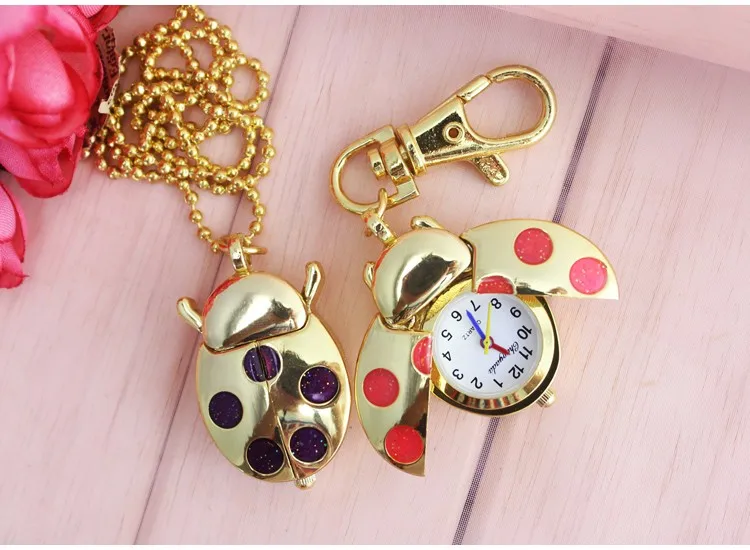 Bulk 10pcs/Lot Gold Ladybug Beetle key chain Pendant Pocket Quartz