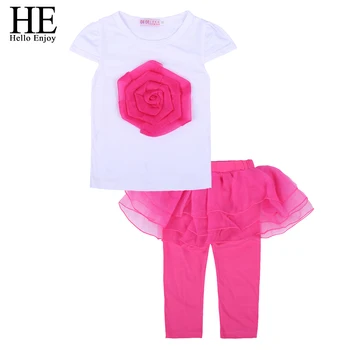 

HE Hello Enjoy Toddler Girls Summer Clothing Fashion Kids Red Floral Short Sleeve T-shirt+Net yarn Leggings Children Tracksuits