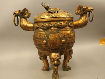 

wholesale factory 18" Ancient Chinese Dynasty Palace Old Bronze Gild Sheep Bull Beast Ding Burner 25% off
