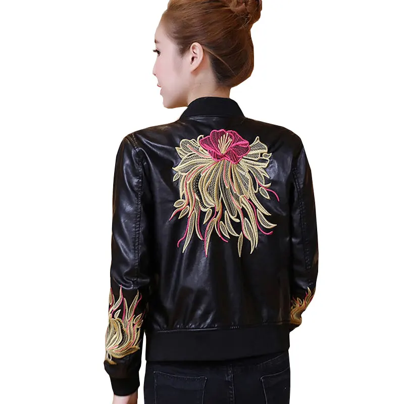 

Spring Autumn Coat Winter Harajuku Embroidery Slim Biker Jacket PU Leather Jacket Women Faux Leather Short Coats Outerwear SL051