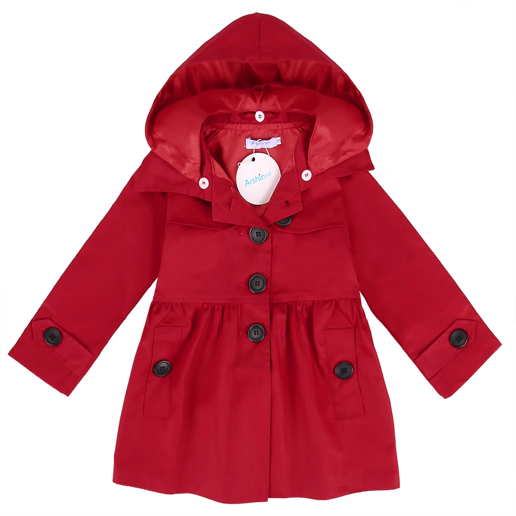 Arshiner Kids Girl Turn Down Neck Detachable Hat Single Button Pure Color Slim Cotton Trench Wind Coat Outwear |