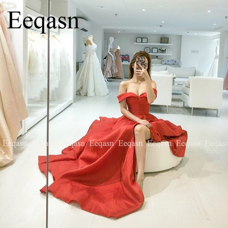 

2019 Prom Dresses Side Slit Off Shoulder Sweetheart Satin Elegant Long Evening Party Gowns Women Formal Dress vestidos de festa