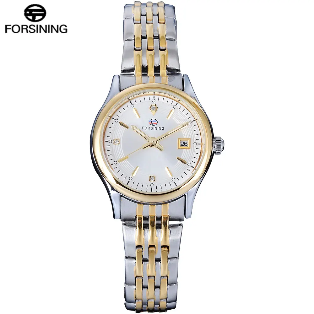 Бренд FORSINING, ЖЕНСКИЕ НАРЯДНЫЕ часы, женские деловые кварцевые тонкие маленькие часы, золотые, серебряные, стальные часы с браслетом, водонепроницаемые часы - Цвет: gold white