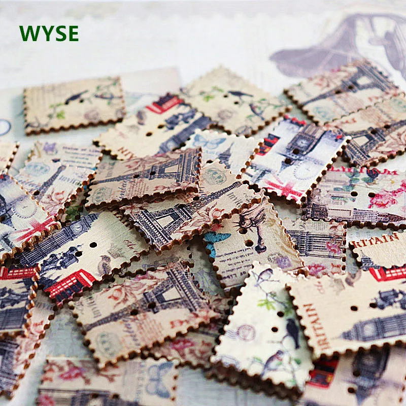 

30pcs Wooden Buttons postage Stamp shape Mix 2 Hole Tower bird Flower Sewing Button for handmade children Clothing Decoration