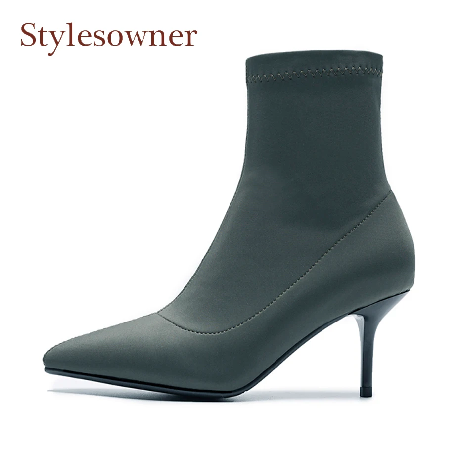 

Stylesowner 2018 autumn new femle sexy pointed toe stiletto sock booties stretch fabric ankle boots for women pumps botas mujer