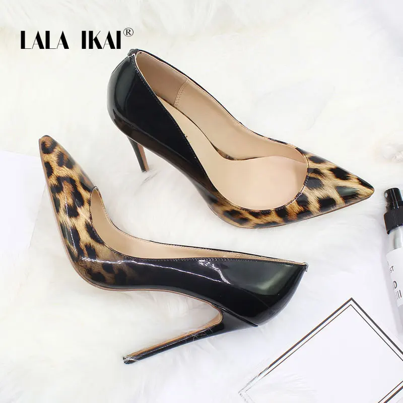 

LALA IKAI Women Pumps Spring Summer Shallow Pointed Toe Slip-On Leopard Thin Heels Sexy Wedding Shoes Chaussures 014C3553-4