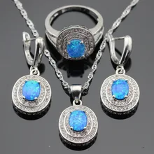 Ronda Creado Topacio Blanco Ópalo de Fuego Azul de Plata de Color Pendientes de Gota Colgante de Collar de Sistemas de La Joyería Para Las Mujeres Anillos de Regalo