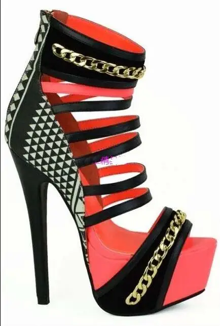Stylish-Black-White-Geometric-High-Weels-Platform-Pump-Womens-Peep-Toe-Mixed-Colors-Gold-Chain-Cut