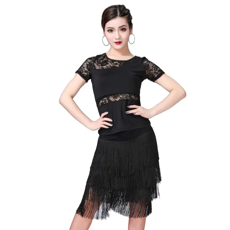 

V-neck Latin Dance Women Lace Fringe Flapper Tango Rumba Cha Cha Latin Dance Dress with Shorts