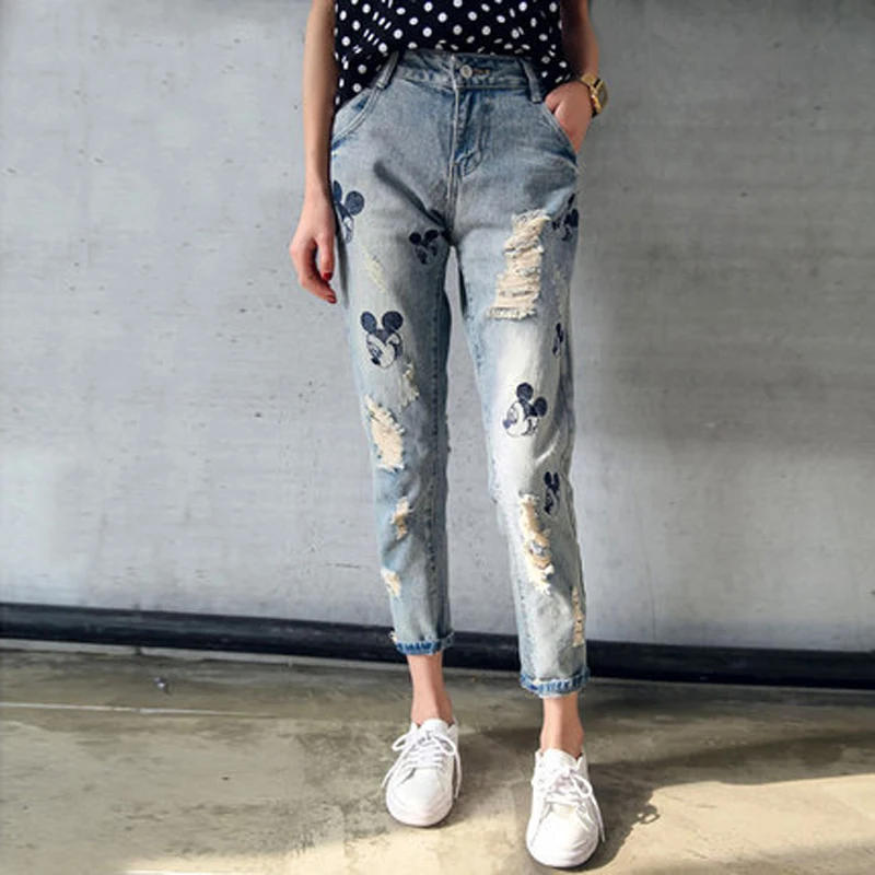 

Olrain New Boyfriend Women Jean Denim Pants Cartoon Mouse Embroidery Skinny Jeans Ripped Womens Beggar Jeans-20151947