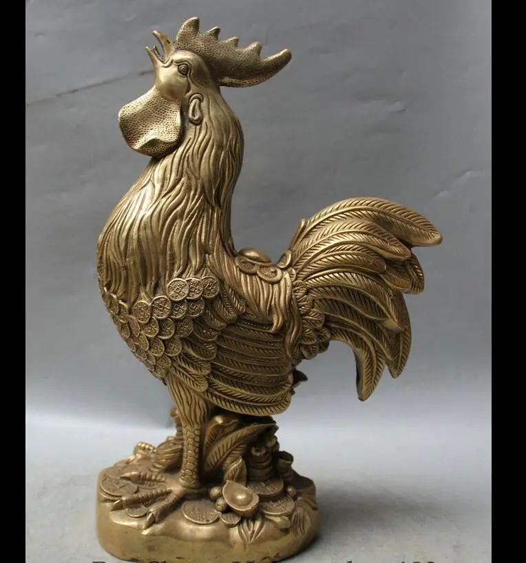 

880070209<<<18" Chinese Folk Feng Shui Brass Wealth Zodiac Year Rooster Cock Yuan Bao Statue