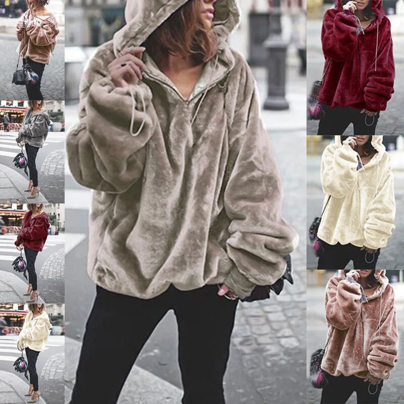 Ретро осень-зима Повседневное Для женщин пушистый искусственный пальто с капюшоном на меху Толстовка джемпер с длинным рукавом дамы с капюшоном пуловер Топ пальто