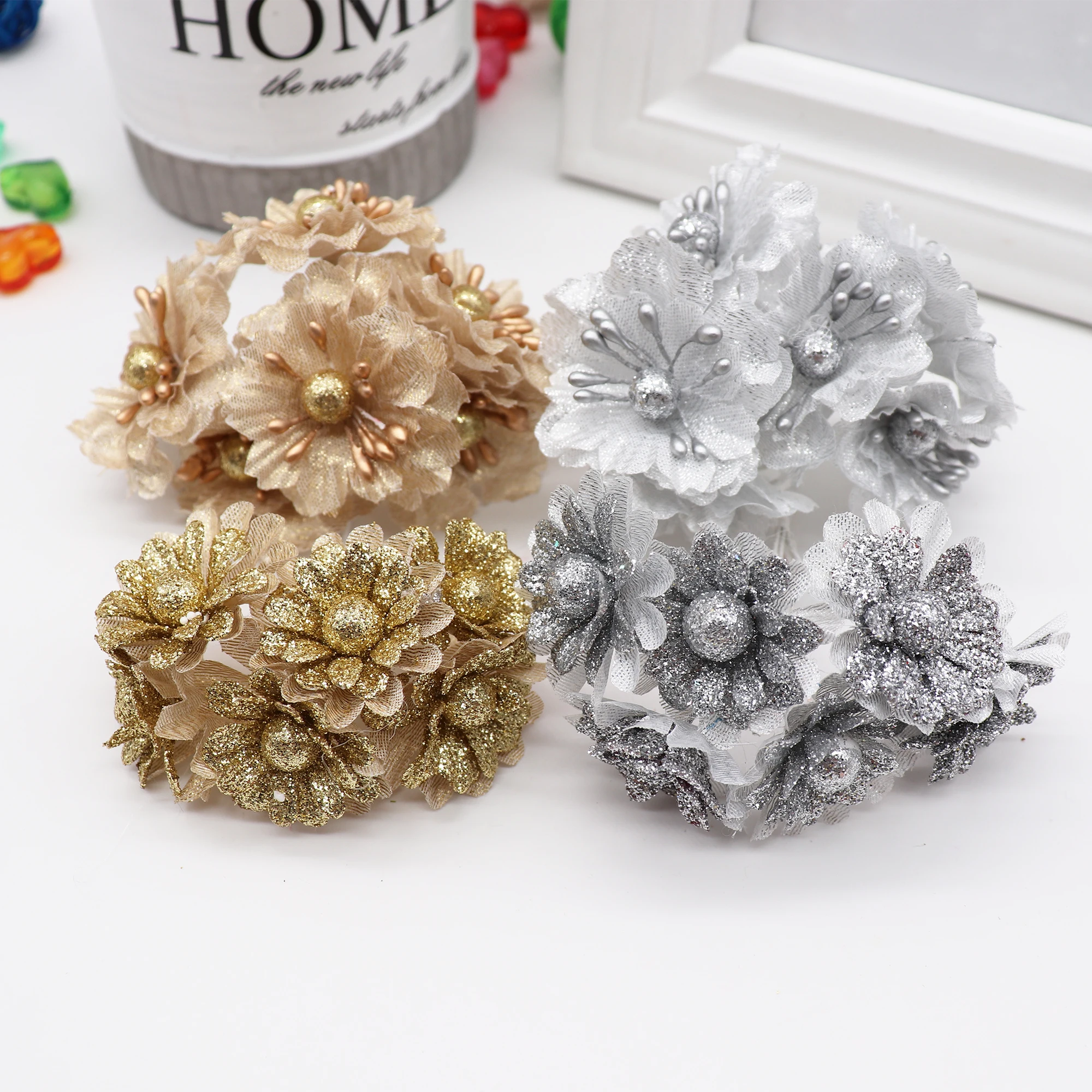 6pcs Golden Silver Glitter Artificial silk flower bouquet for Wedding