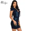 Wendywu Fashion Sexy Turn-down Collar Short Sleeve Dark Blue Denim Buttons Bodycon Mini Dress ► Photo 3/6