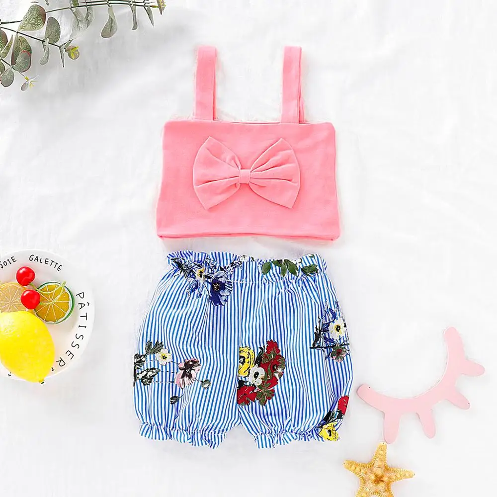 Infant Baby Kid Girl Sleeveless Strap Bow Vest Tops+Floral Shorts Outfits Set Enfant Fille Vetement Summer Roupas de menina #sx | Мать и