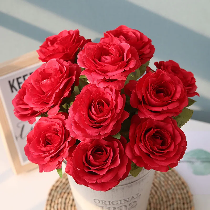 Flone Artificial Silk Rose Flower Bouquet Fake Flowers 12 Head Small Fresh Wedding Rose Decoration Home Decoration Accessories (23)