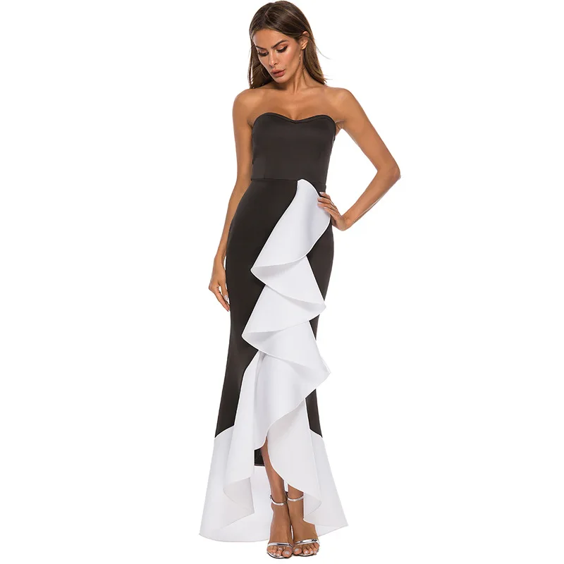 

HIGH STREET New Fashion 2019 Summer Designer Runway Dress Women's Strapless Color Block Dovetail Dress