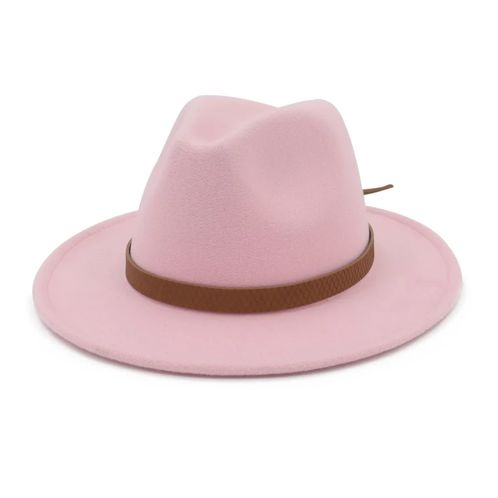 Шерстяная фетровая шляпа Панама Джаз Fedoras Шляпы с поясом украшения плоские полями формальная Вечеринка и сцена топ шляпа для женщин мужчин унисекс - Цвет: Pink