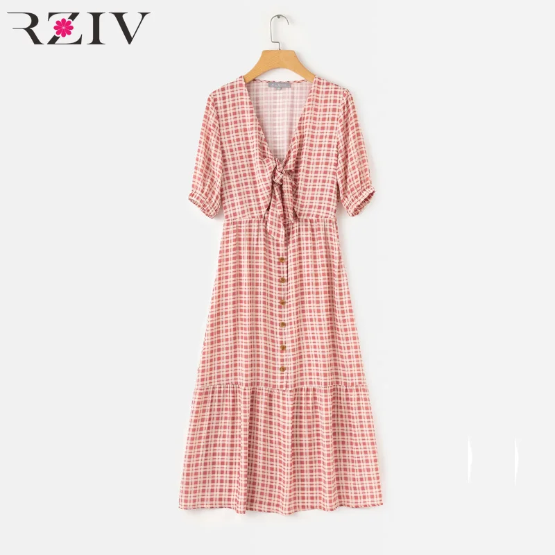 RZIV الصيف النساء اللباس عارضة منقوشة القوس الديكور الخامس الرقبة قصيرة الأكمام اللباس Vestidos