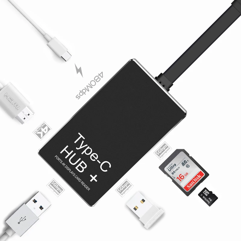 

BASIX USB Type-C Hub Adapter with 4K HDMI HD Output 2 USB 3.0 ports, SD and Micro SD Card slots,a Charging port for MacBookPro