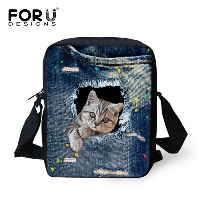 FORUDESIGNS/женские сумки-мессенджеры, 3D джинсовая сумка на плечо с изображением животных, сумки с милым котом, сумки-мессенджеры, Детская сумка через плечо для девочек - Цвет: CA4914E
