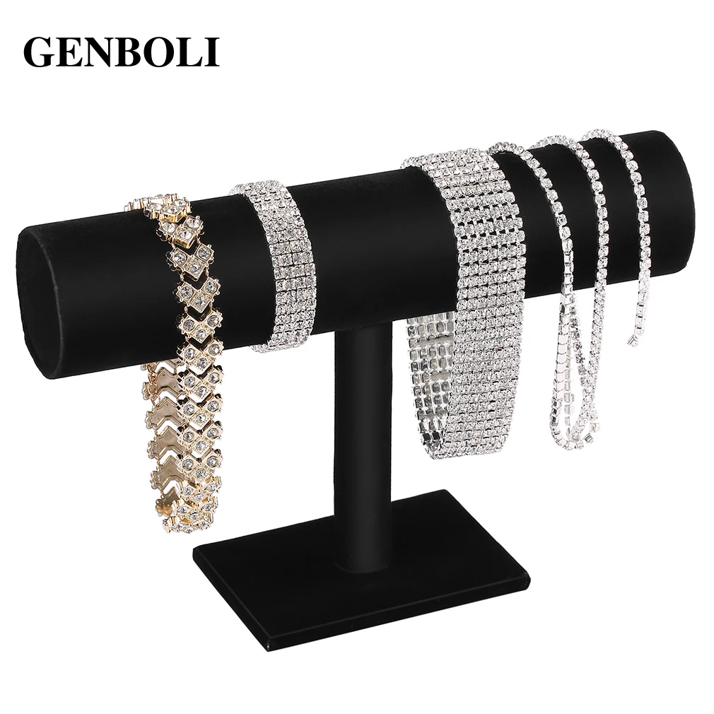 GENBOLI Black Velvet/Leather T Bar Rack Organizer Hard Stand Holder for Bracelet Chain Necklace Watch Fashion Jewelry Organizer