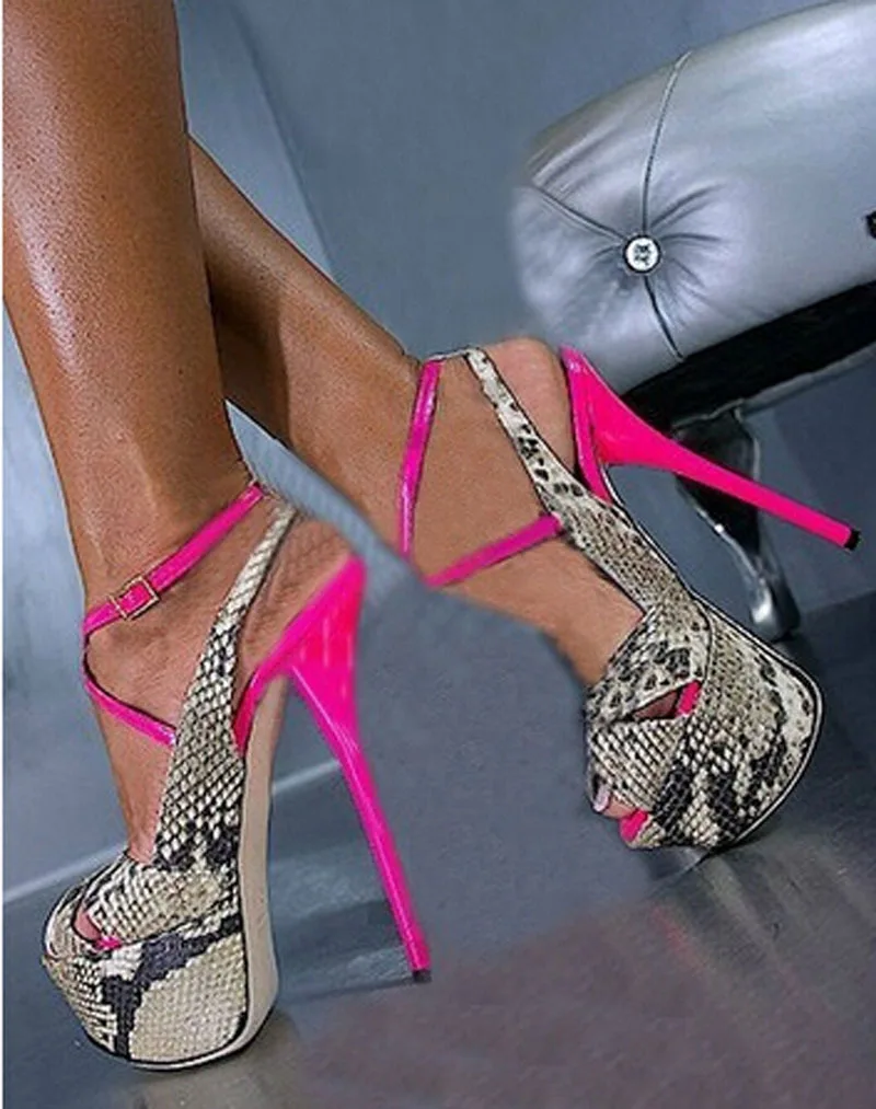 

Nice All-match Platform Sandals Women Snakeskin Pink High Heels Mixed Colors Buckle Stilettos Women Pumps Shoes Sapato Feminino