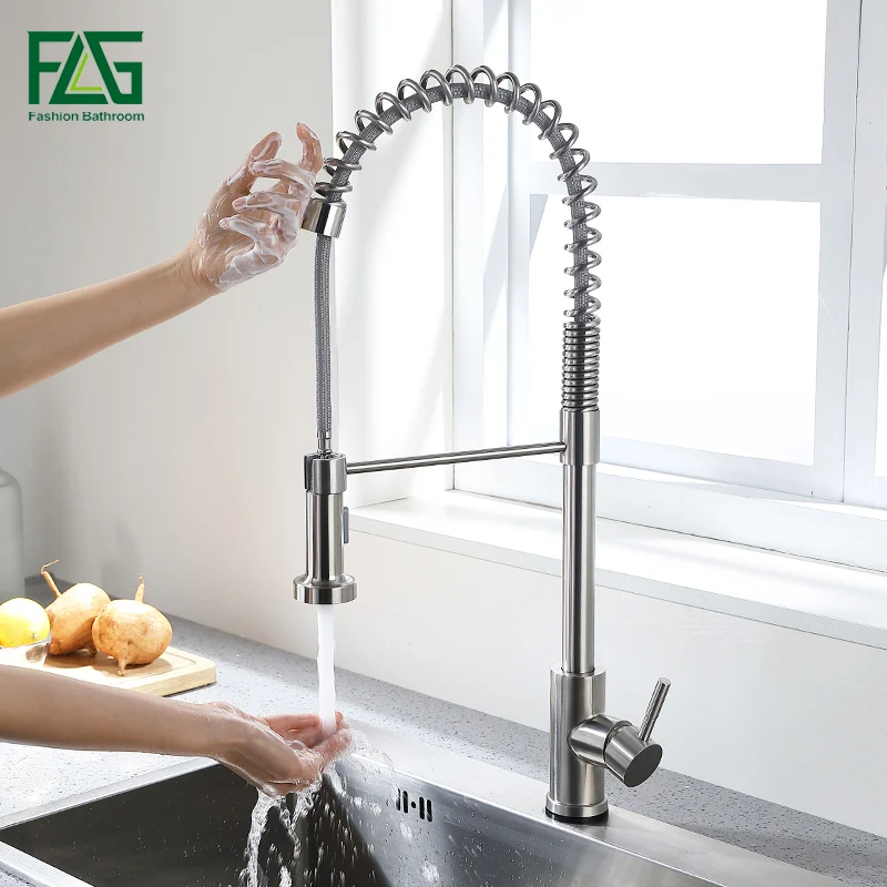 FLG Touch Control Kitchen Faucets Brushed Nickel Spring Style Smart Touch Faucet Pull Down Two Ways Water Outlet Mixer Tap