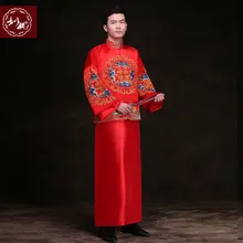 Show men’s clothing pratensis chinese style wedding Gown red embroidery groom evening Long gown kimono jacket tang suit costume