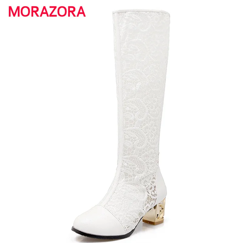 MORAZORA 2018 Knee high long boots in summer square heels shoes big