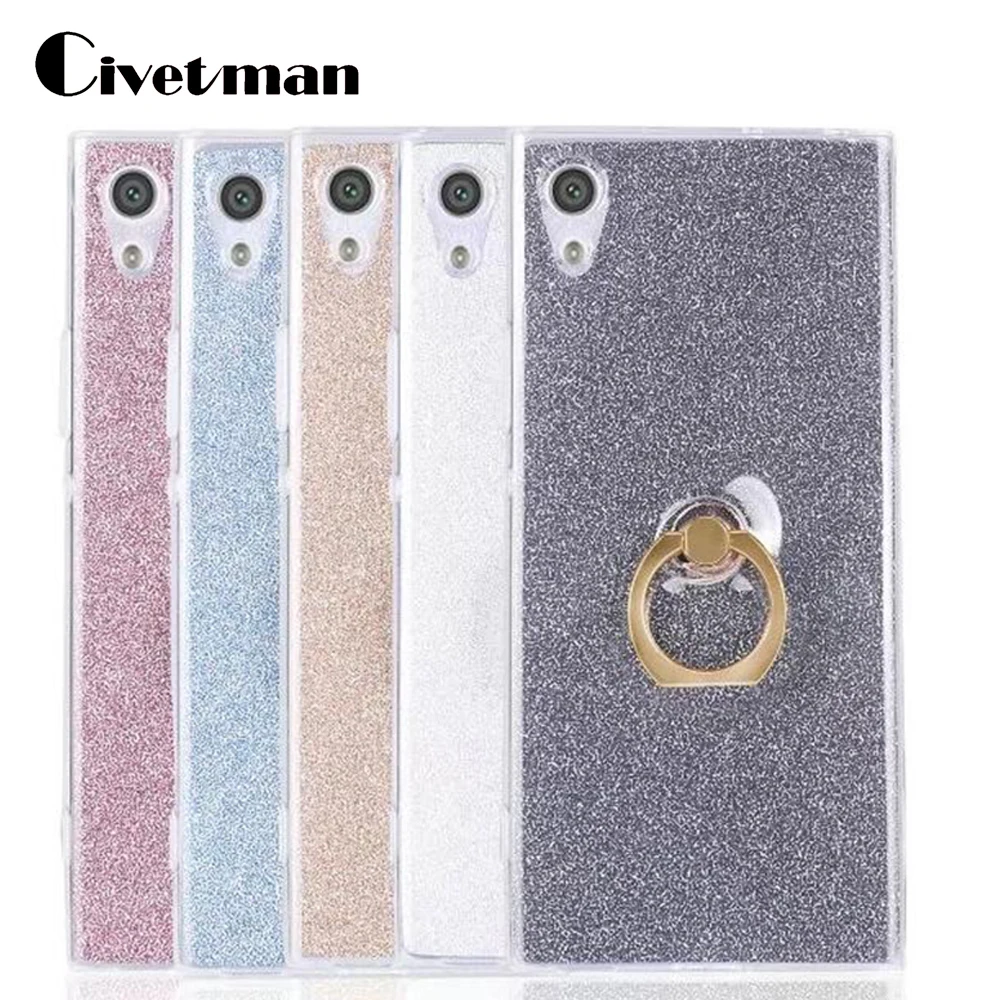 

Cover Case For Sony Xperia XA1+ XA1 Ultra TPU Silicone Gel Transparent Protection Shell Ring Stent + Shine Flash Glitter Powder