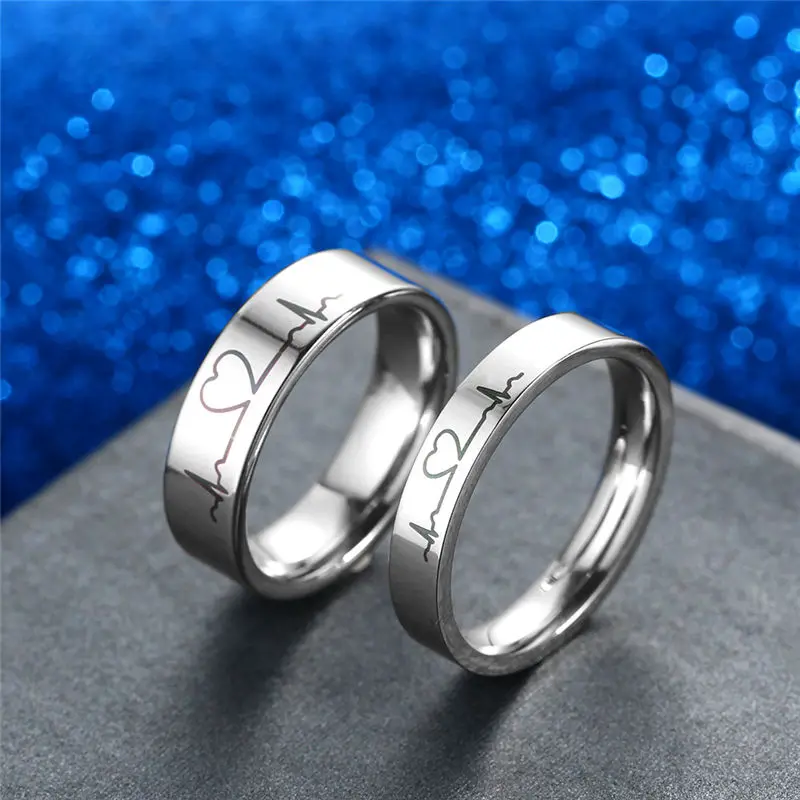 V.YA Romantic Titanium Steel Couple Rings Unique Electrocardiogram Pattern Engagement Rings Women & Men Wedding Jewelries Charms