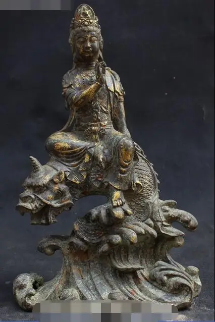 

12"Old Bronze Gilt Kwan-yin Guan Yin Goddess Bodhisattva Ride Dragon Fish Statue
