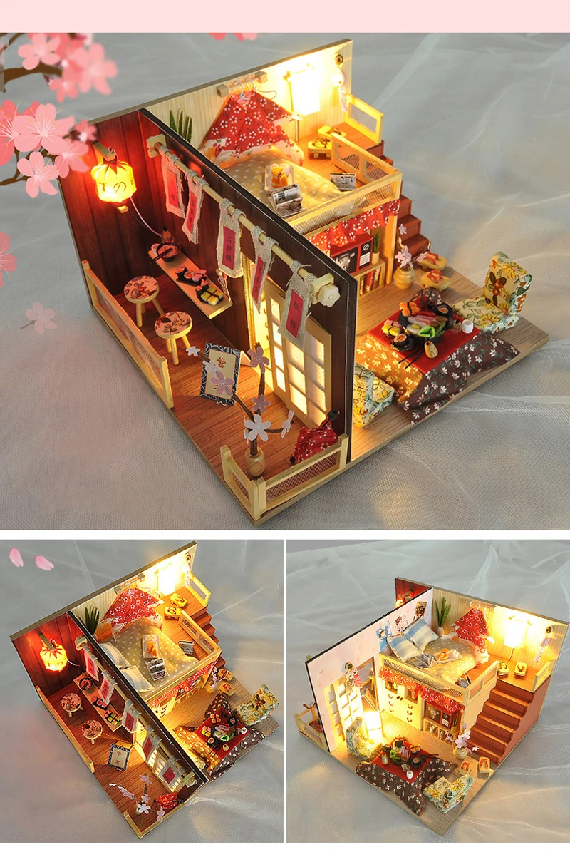 Миниатюрный Кукольный домик в японском стиле, наборы мебели с цветками вишни, сделай сам, деревянный кукольный домик, светодиодный светильник, подарок на день рождения, Рождество