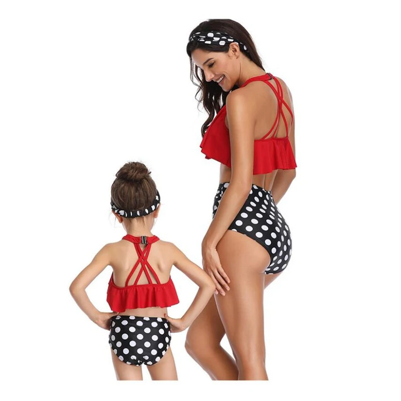 2019 Summer Family Matching Outfits Swimwear Mother Daughter Printed Dots Swimsuit Bikini Bathing Suit Flounce Design Swimwear (9)