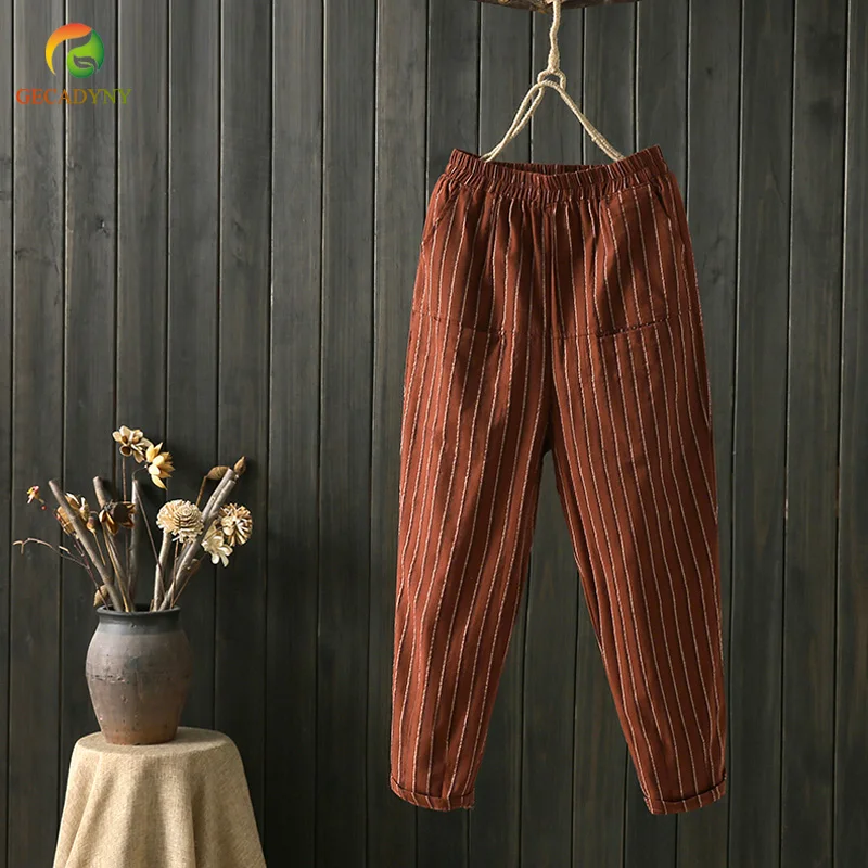 

Loose Spring Stripped Pants Office Lady Elastic Waist Ankle Length Formal Streetwear Pants For Women Linen Trousers