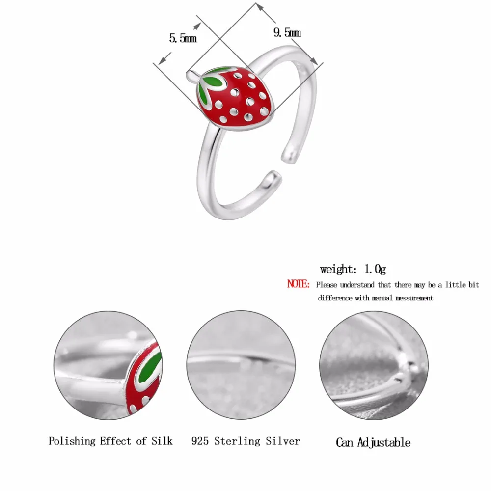 Kinitial 925 серебряный милый красный кулон Клубника кольца анти-аллергические регулируемые фруктовые формы кольцо для детей Дети Ювелирные изделия