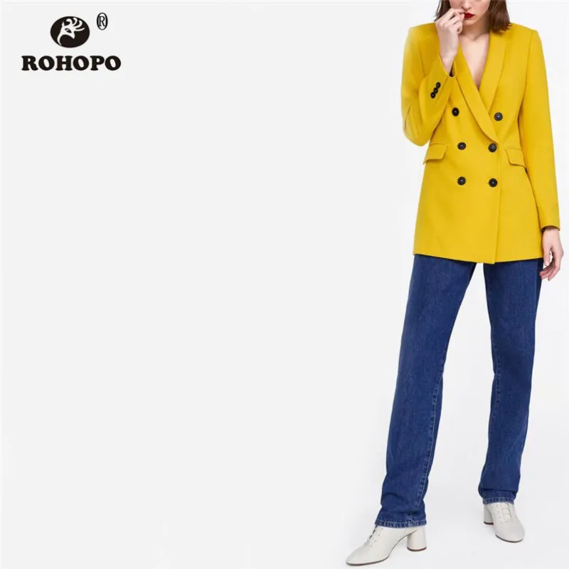 ROHOPO Orange Double Buttons Blazer Vintage Korean Solid Office Ladies Outwear Autumn Female Blazers Straight Bottom #HB9012